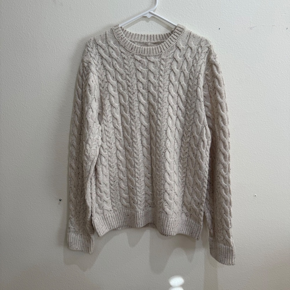 Lucky Brand Mens Cream Oatmeal Speckled Cable Knit Wool Blend Sweater Medium